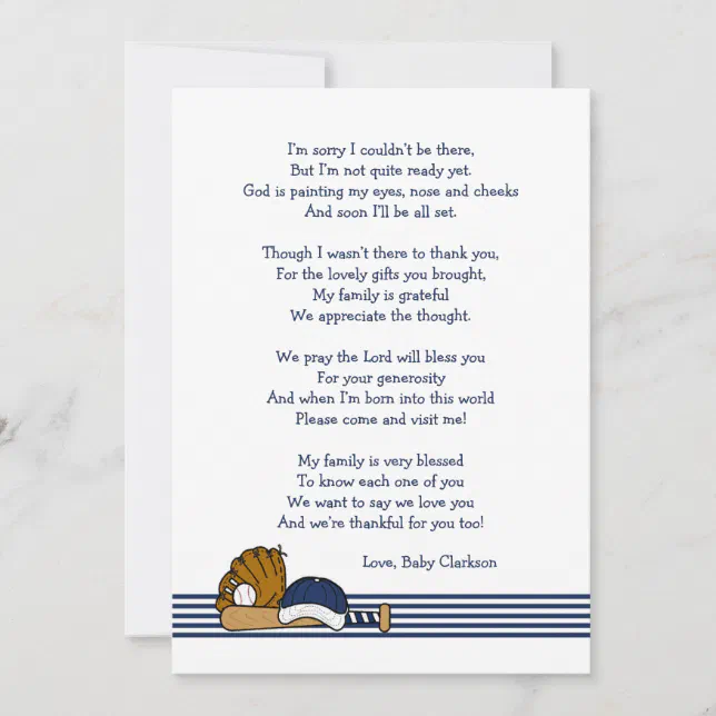 Baseball Baby Shower Thank you note with poem Invitation | Zazzle