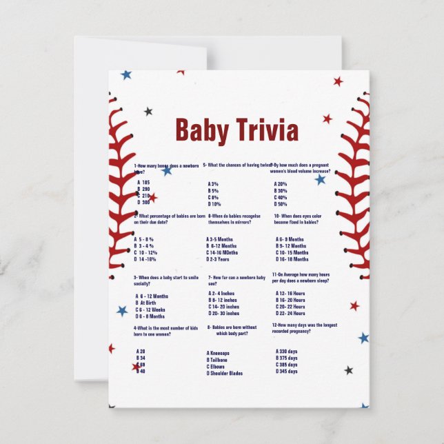 Baseball baby trivia game baby shower game Card (Front)