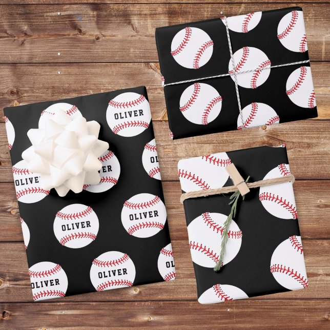 Baseball Ball Black Pattern Kids Name  Wrapping Paper Sheets