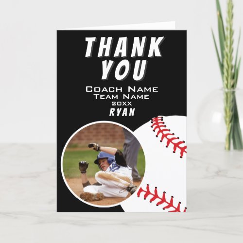 Baseball Ball Black Thank you Coach Photo Card - Baseball Ball Black Thank you Coach Photo Card. Baseball thank you coach card with a photo in oval frame, coach name, team name, year and player`s name. Personalized photo thank you card - add your photo into the template. Great thank you card for the baseball team coach!