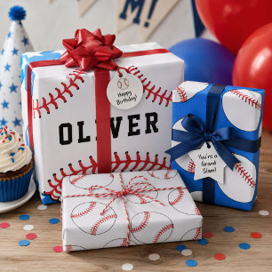Baseball Ball Blue Pattern Kids Name Birthday Wrapping Paper Sheets