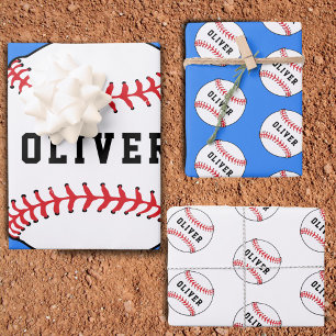 Baseball Ball Blue Pattern Kids Name Birthday Wrapping Paper Sheets