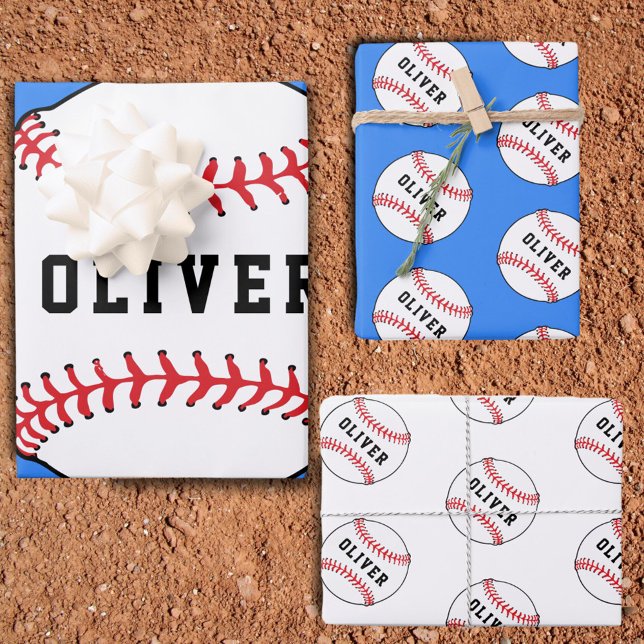 Baseball Ball Blue Pattern Kids Name Birthday Wrapping Paper Sheets (Creator Uploaded)