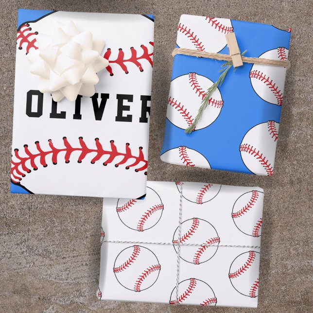 Baseball Ball Blue Pattern Kids Name Birthday  Wrapping Paper Sheets (Creator Uploaded)