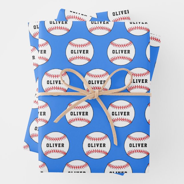 Baseball Ball Blue Pattern Kids Name  Wrapping Paper Sheets (In situ)