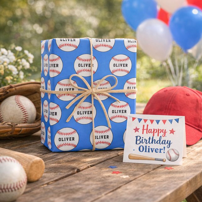 Baseball Ball Blue Pattern Kids Name  Wrapping Paper Sheets (Creator Uploaded)