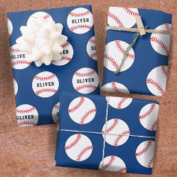 Baseball Ball Blue Pattern Kids Name Wrapping Paper Sheets