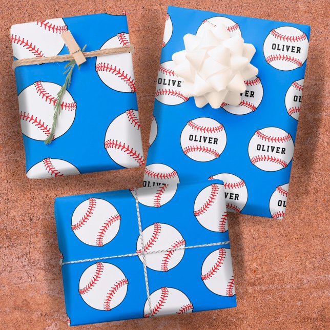 Baseball Ball Blue Pattern Kids Name  Wrapping Paper Sheets (Creator Uploaded)