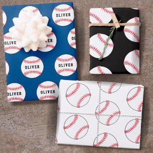 Baseball Ball Blue Pattern Kids Name Wrapping Paper Sheets