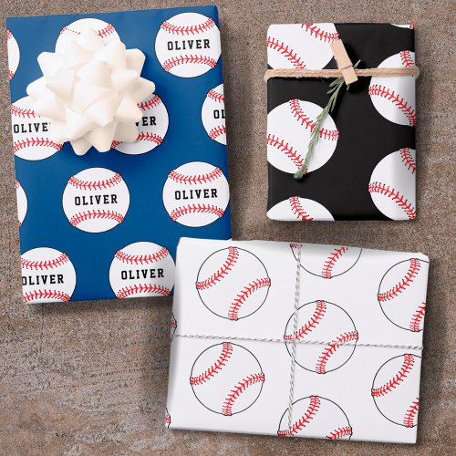 Baseball Ball Blue Pattern Kids Name  Wrapping Paper Sheets