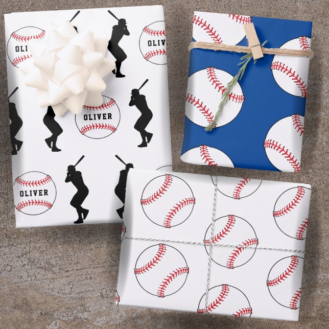 Baseball Ball Blue Sports Player Kids Name Wrapping Paper Sheets