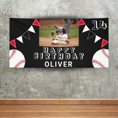 Baseball Ball Bunting Flags Black Photo Birthday  Banner