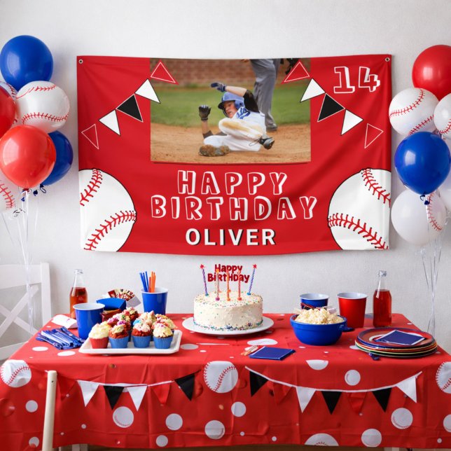 Baseball Ball Bunting Flags Red Photo Birthday Banner (Creator Uploaded)