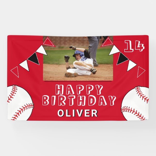 Baseball Ball Bunting Flags Red Photo Birthday Banner (Horizontal)