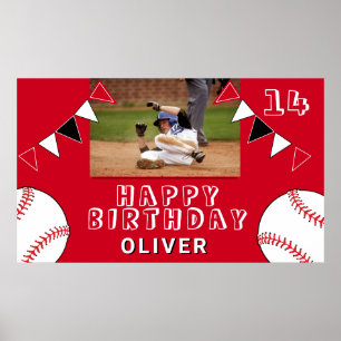 Baseball Ball Bunting Flags Red Photo Birthday Poster