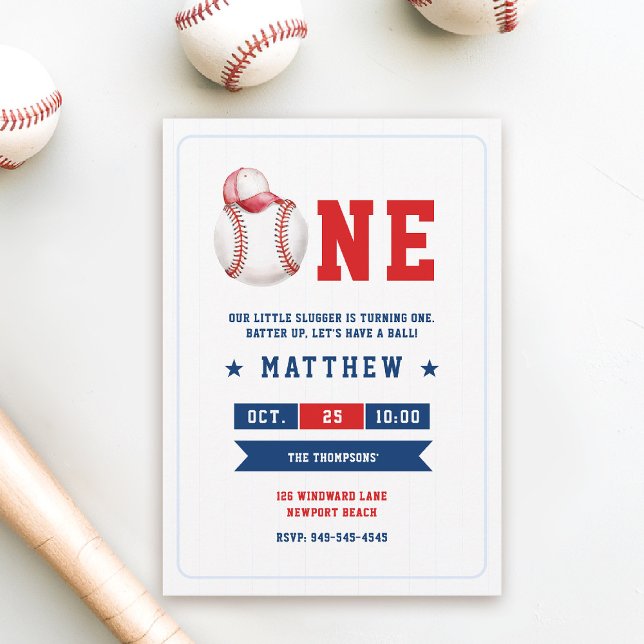 Baseball Ball Cap Blue Red Cute Boy 1st Birthday Invitation (little slugger boy 1st birthday baseball theme invitation red white cute cap watercolor sports )