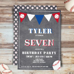 Baseball Ball Chalkboard Sports Kids Birthday  Invitation<br><div class="desc">Baseball Ball Chalkboard Sports Kids Birthday Invitation. Cute baseball birthday party card. The design has baseball balls and bunting flags in red, white and blue colors on a chalkboard background. Personalize this birthday invite with a child`s name, age and personalize all the data on the invitation. Great as a birthday...</div>