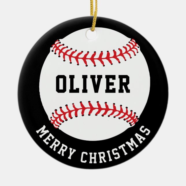 Baseball Ball Custom Name Merry Christmas Ceramic Ornament (Front)