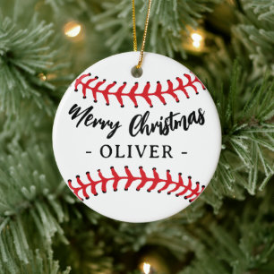Baseball Ball Custom Name Merry Christmas Ceramic Ornament