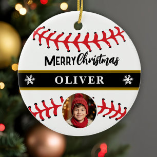 Baseball Ball Custom Name Merry Christmas Photo Ceramic Ornament