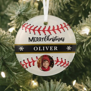 Baseball Ball Custom Name Merry Christmas Photo Glass Ornament