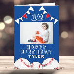 Baseball Ball Flags Blue Sports Boy Photo Birthday Card<br><div class="desc">Baseball Ball Flags Blue Sports Boy Photo Birthday Card. The design has baseball balls and birthday party bunting flags in red and white colors. Add your photo,  name,  age and text and make your own birthday card. Great for boys and girls who love baseball.</div>