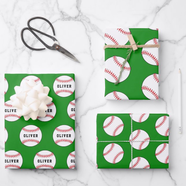 Baseball Ball Green Pattern Kids Name Wrapping Paper Sheets (Front)