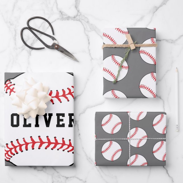 Baseball Ball Grey Pattern Kids Name Birthday  Wrapping Paper Sheets (Front)