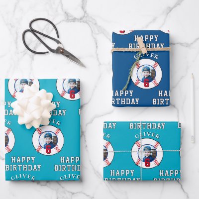 Baseball Ball Kids Birthday Photo Wrapping Paper Sheets