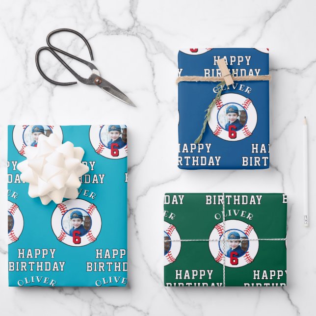 Baseball Ball Kids Birthday Photo Wrapping Paper Sheets (Front)