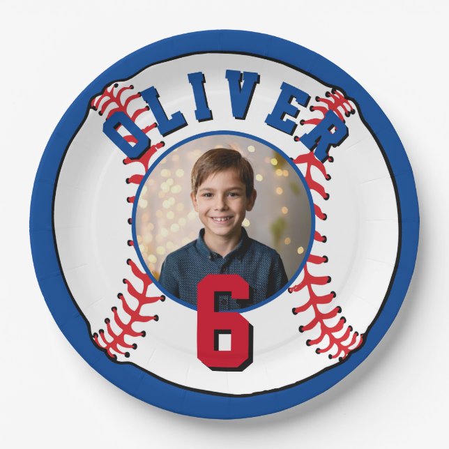 Baseball Ball Kids Photo Birthday Party Paper Plates (Front)