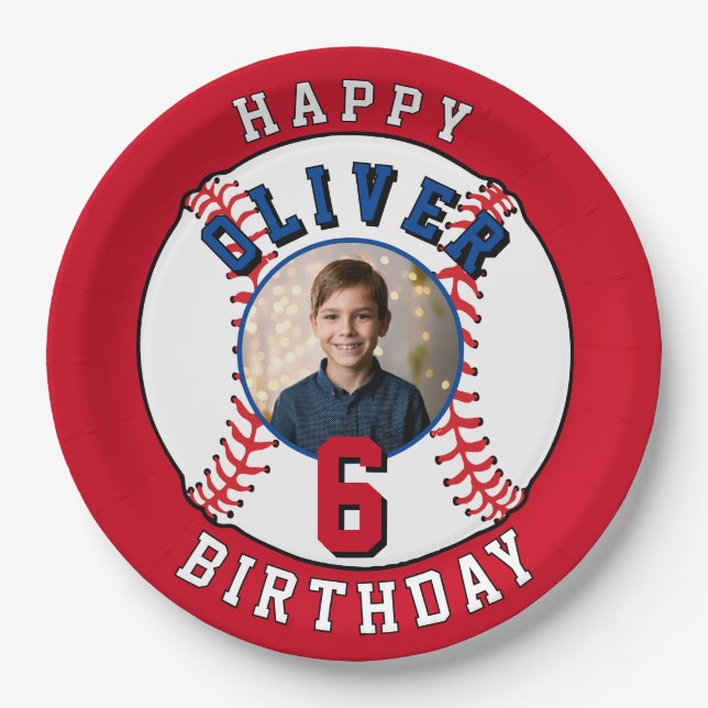 Baseball Ball Kids Photo Birthday Party Paper Plates (Front)