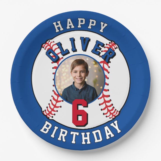 Baseball Ball Kids Photo Birthday Party Paper Plates (Front)