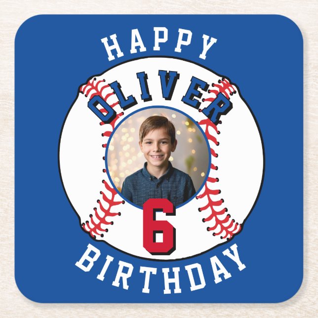 Baseball Ball Kids Photo Birthday Party Square Paper Coaster (Front)