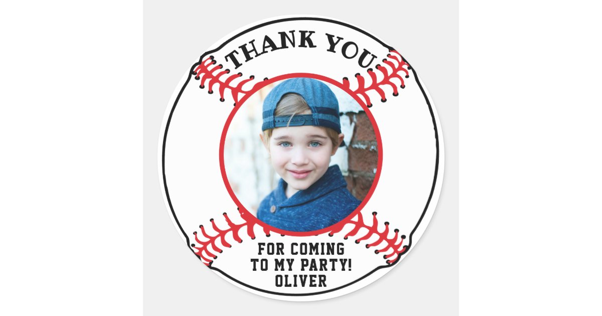 Baseball Ball Kids Photo Birthday Thank you Classic Round Sticker | Zazzle