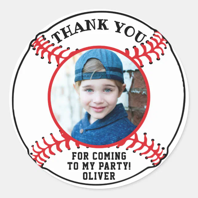 Baseball Ball Kids Photo Birthday Thank you Classic Round Sticker | Zazzle