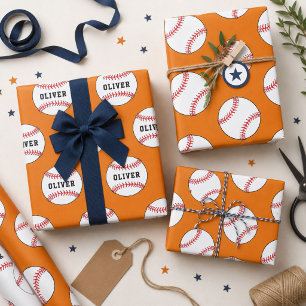 Baseball Ball Orange Pattern Kids Name Birthday Wrapping Paper Sheets