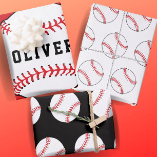 Baseball Ball Pattern Kids Name Birthday Wrapping Paper Sheets