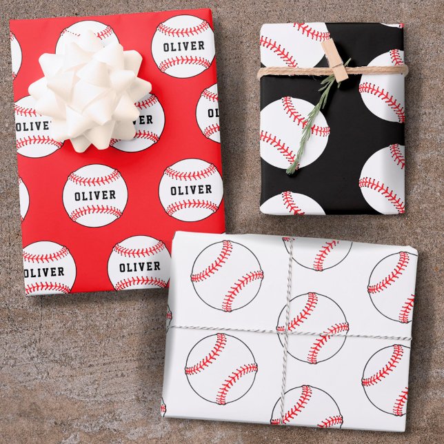 Baseball Ball Pattern Kids Name Birthday Wrapping  Paper Sheets (Creator Uploaded)
