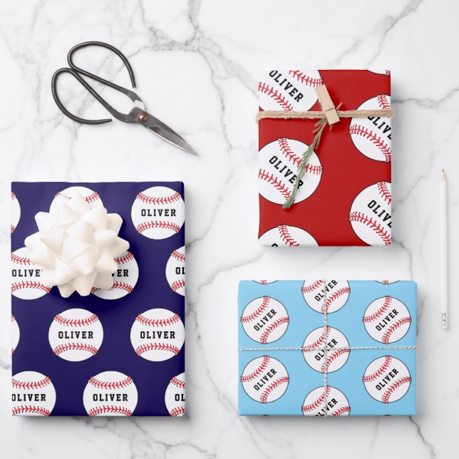 Baseball Ball Pattern Kids Name Birthday Wrapping  Wrapping Paper Sheets (Front)