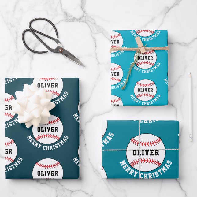 Baseball Ball Pattern Kids Name Merry Christmas Wrapping Paper Sheets (Front)