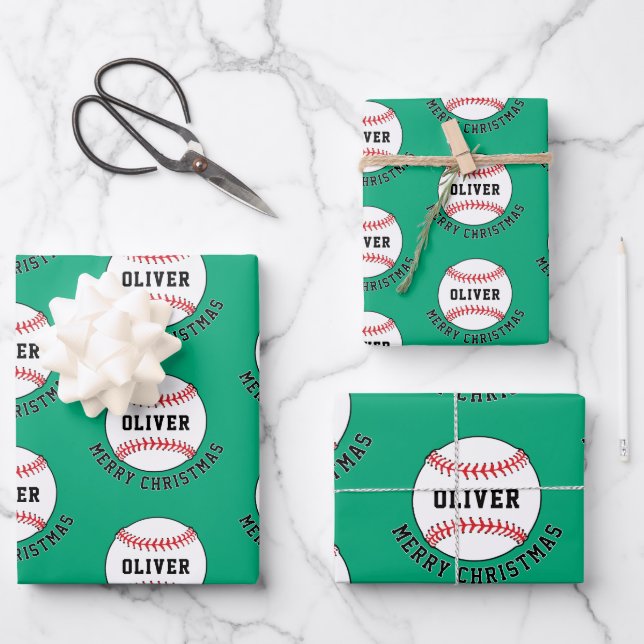 Baseball Ball Pattern Kids Name Merry Christmas Wrapping Paper Sheets (Front)