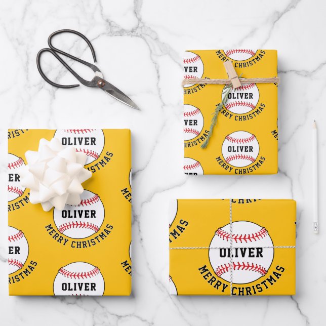 Baseball Ball Pattern Kids Name Merry Christmas Wrapping Paper Sheets (Front)