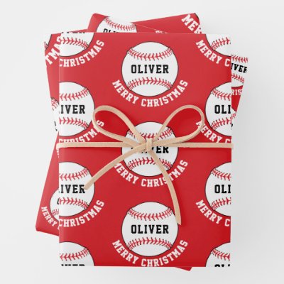 Baseball Ball Pattern Kids Name Merry Christmas Wrapping Paper Sheets