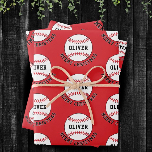 Baseball Ball Pattern Kids Name Merry Christmas Wrapping Paper Sheets (Creator Uploaded)