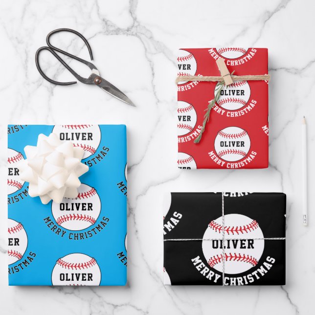 Baseball Ball Pattern Kids Name Merry Christmas Wrapping Paper Sheets (Front)