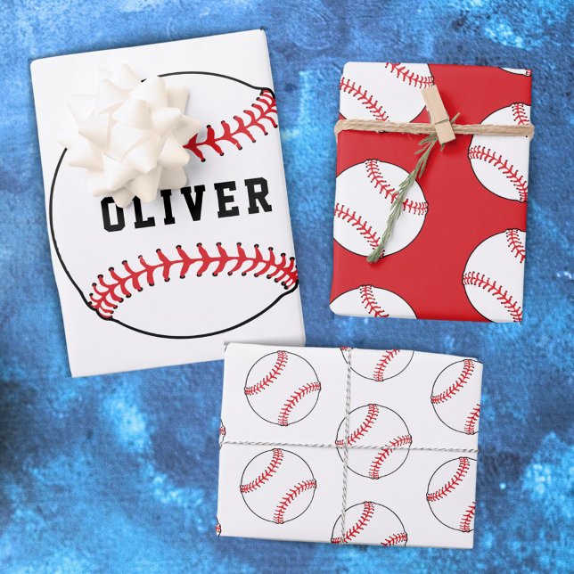 Baseball Ball Pattern Player Kids Name Birthday Wrapping Paper Sheets (Creator Uploaded)