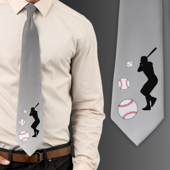 Baseball Ball Player Black Silhouette Grey Neck Tie (Creator Uploaded)