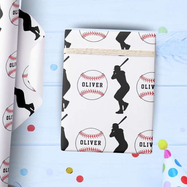 Baseball Ball Player Kids Name Birthday  Wrapping Paper (Creator Uploaded)