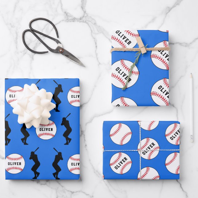Baseball Ball Player Kids Name Birthday Wrapping Paper Sheets (Front)